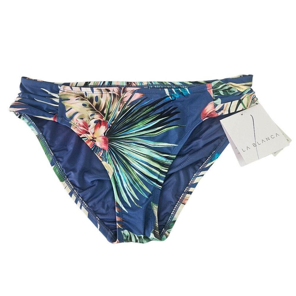 La Blanca Blue Palm Leaf Bikini Bottom Size M Ruched Detail 28 Waist NWT